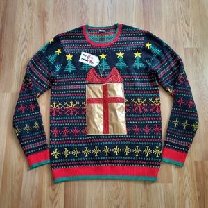Ugly Christmas Sweater mens Medium Black Holiday Fair Isle Big Pocket Xmas